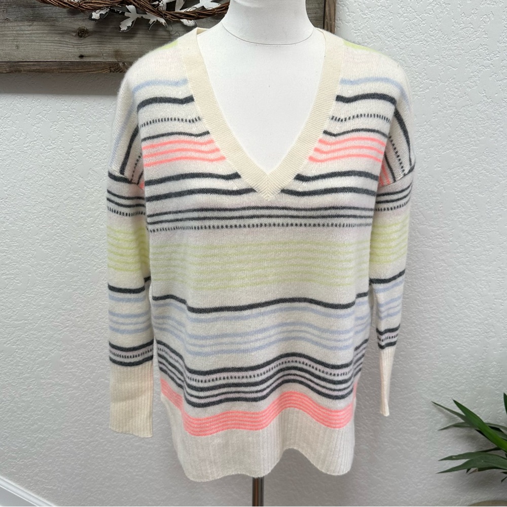 PURE Collection Cashmere striped v-neck colorful sweater ladies size M‎